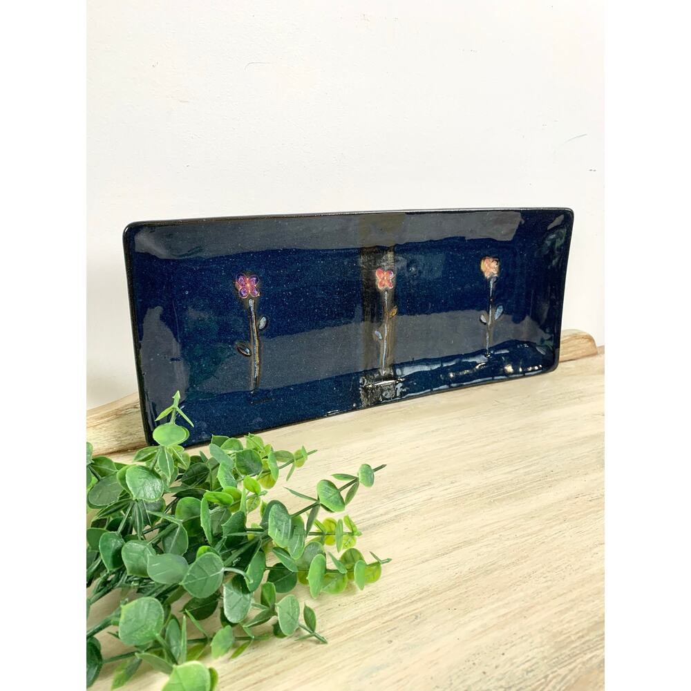 Vintage Blue Ceramic Tray Platter with Pink Flowers Cottagecore Serving Pottery
